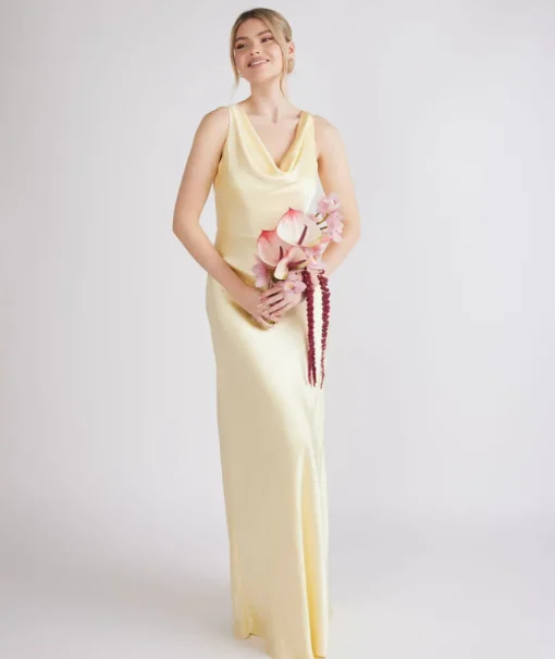 Cowl Front Satin Bridesmaid Dress - Butter Lemon