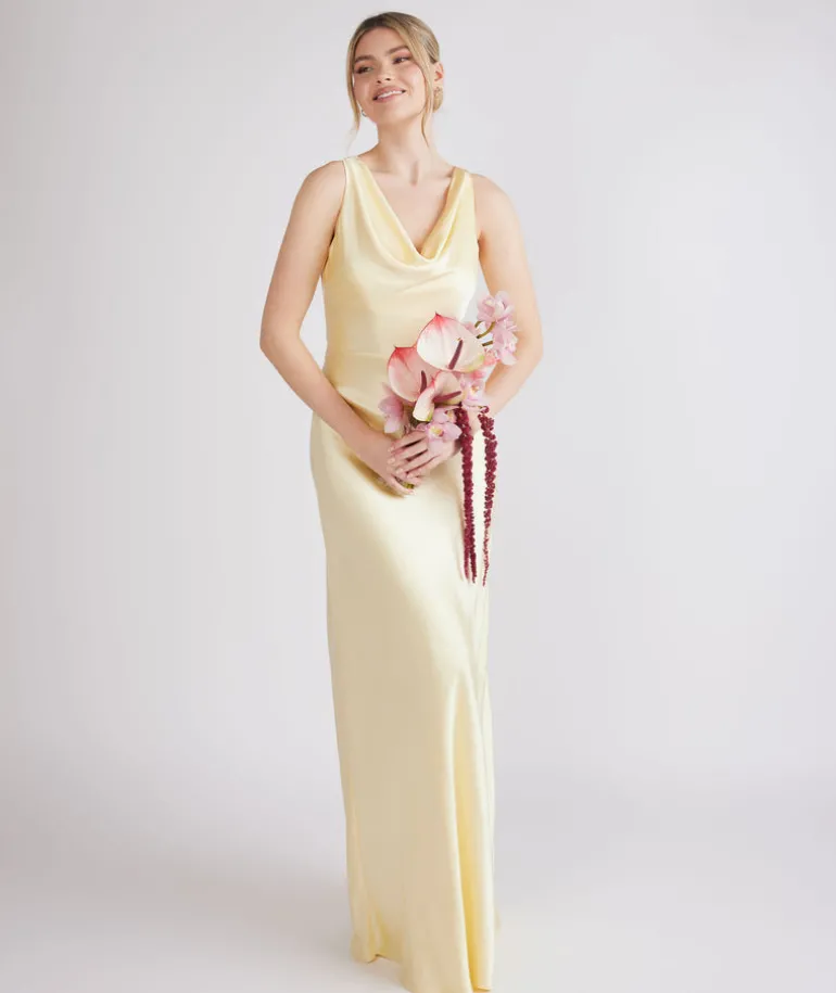 Cowl Front Satin Bridesmaid Dress - Butter Lemon