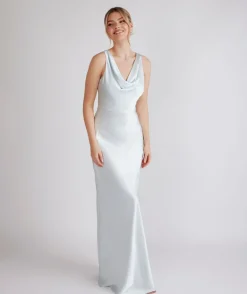 Cowl Front Satin Bridesmaid Dress - Ice Blue