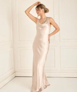 Cowl Front Satin Bridesmaid Dress - Oyster