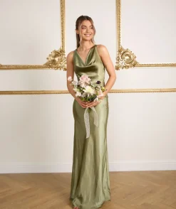 Cowl Front Satin Bridesmaid Dress - Moss Green