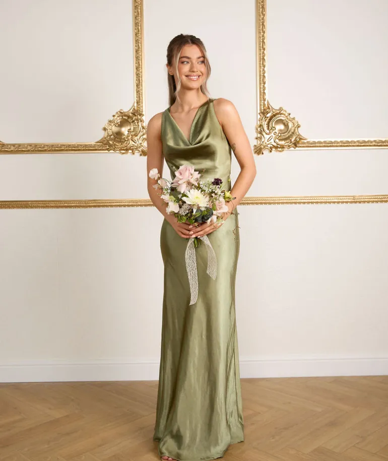 Cowl Front Satin Bridesmaid Dress - Moss Green