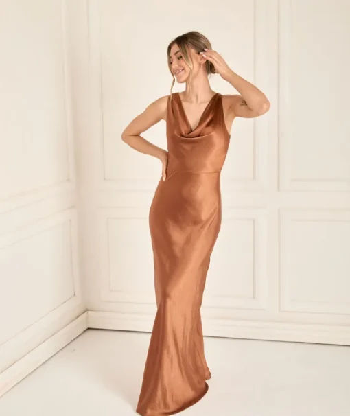 Cowl Front Satin Bridesmaid Dress - Rust