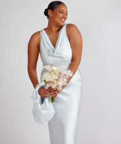 Cowl Front Satin Bridesmaid Dress - Ice Blue