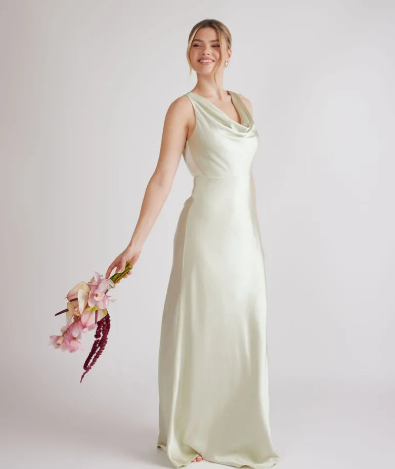 Cowl Front Satin Bridesmaid Dress - Pear Green