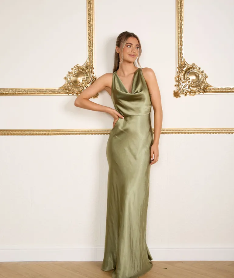 Cowl Front Satin Bridesmaid Dress - Moss Green