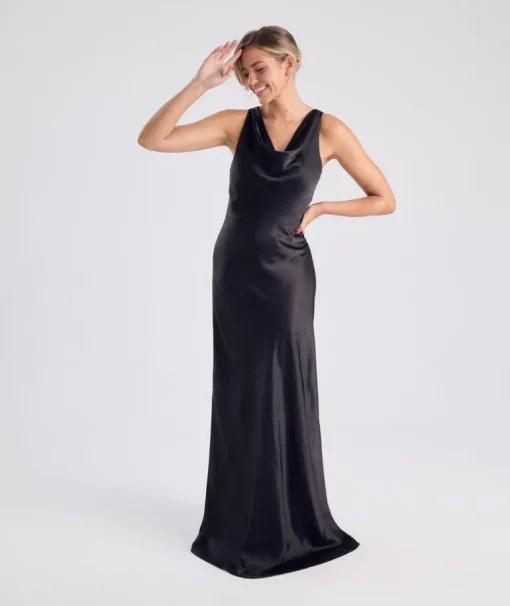 Cowl Front Satin Bridesmaid Dress - Black