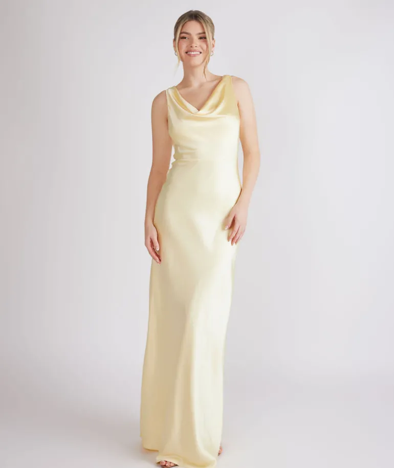 Cowl Front Satin Bridesmaid Dress - Butter Lemon