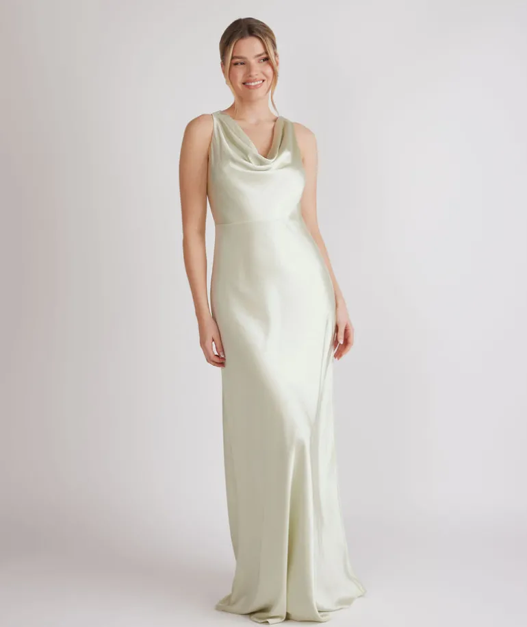 Cowl Front Satin Bridesmaid Dress - Pear Green