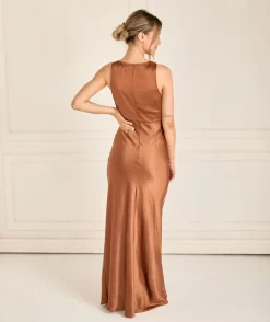 Cowl Front Satin Bridesmaid Dress - Rust