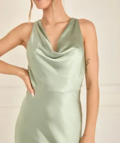 Cowl Front Satin Bridesmaid Dress - Sage
