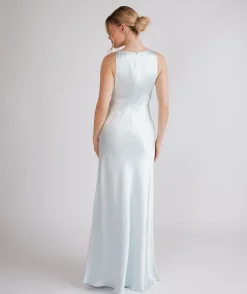 Cowl Front Satin Bridesmaid Dress - Ice Blue