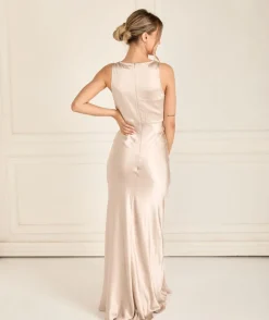 Cowl Front Satin Bridesmaid Dress - Oyster