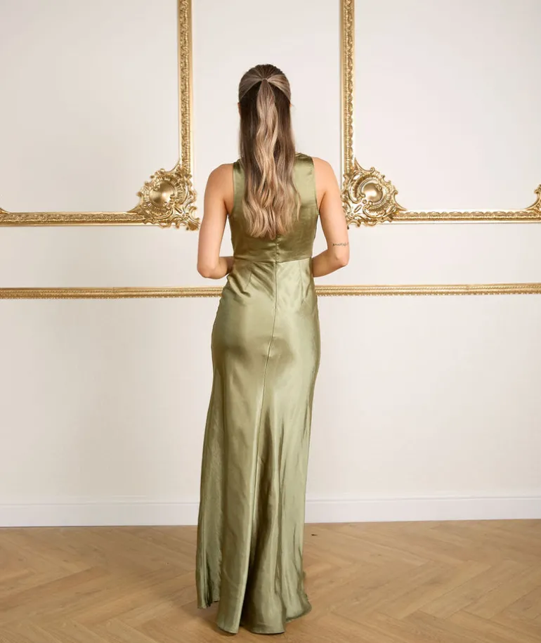 Cowl Front Satin Bridesmaid Dress - Moss Green