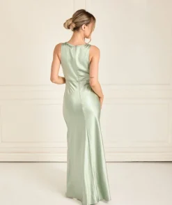 Cowl Front Satin Bridesmaid Dress - Sage