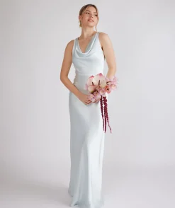Cowl Front Satin Bridesmaid Dress - Ice Blue