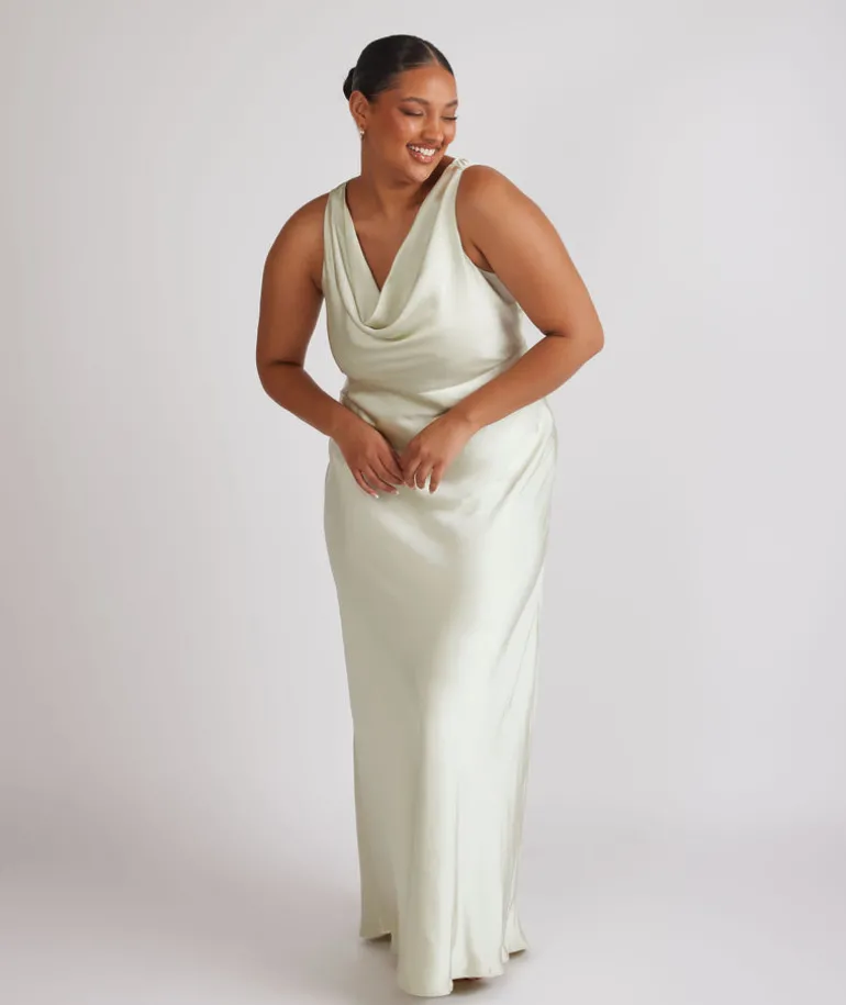 Cowl Front Satin Bridesmaid Dress - Pear Green