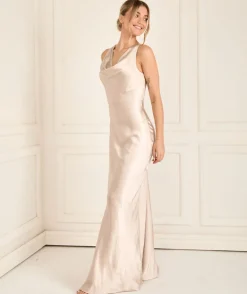 Cowl Front Satin Bridesmaid Dress - Oyster