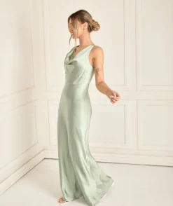 Cowl Front Satin Bridesmaid Dress - Sage