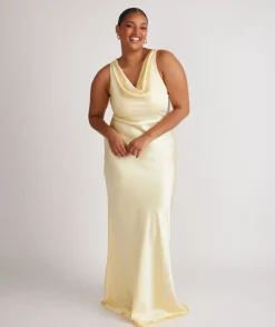 Cowl Front Satin Bridesmaid Dress - Butter Lemon