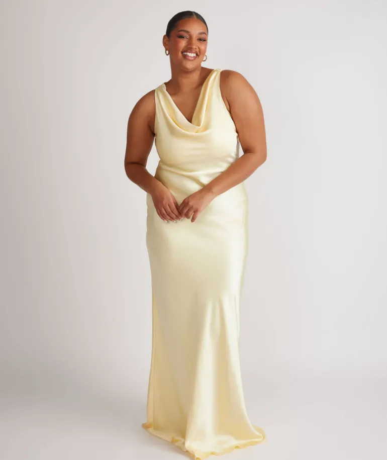 Cowl Front Satin Bridesmaid Dress - Butter Lemon