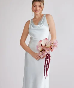 Cowl Front Satin Bridesmaid Dress - Ice Blue