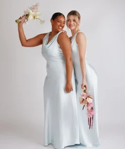 Cowl Front Satin Bridesmaid Dress - Ice Blue