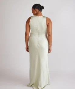 Cowl Front Satin Bridesmaid Dress - Pear Green