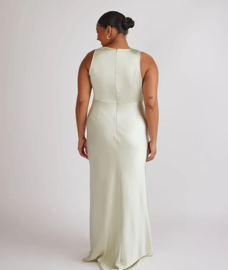 Cowl Front Satin Bridesmaid Dress - Pear Green