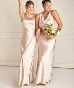 Cowl Front Satin Bridesmaid Dress - Oyster