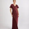 Cowl Front Satin Short Sleeve Bridesmaid Dress - Deep Wine