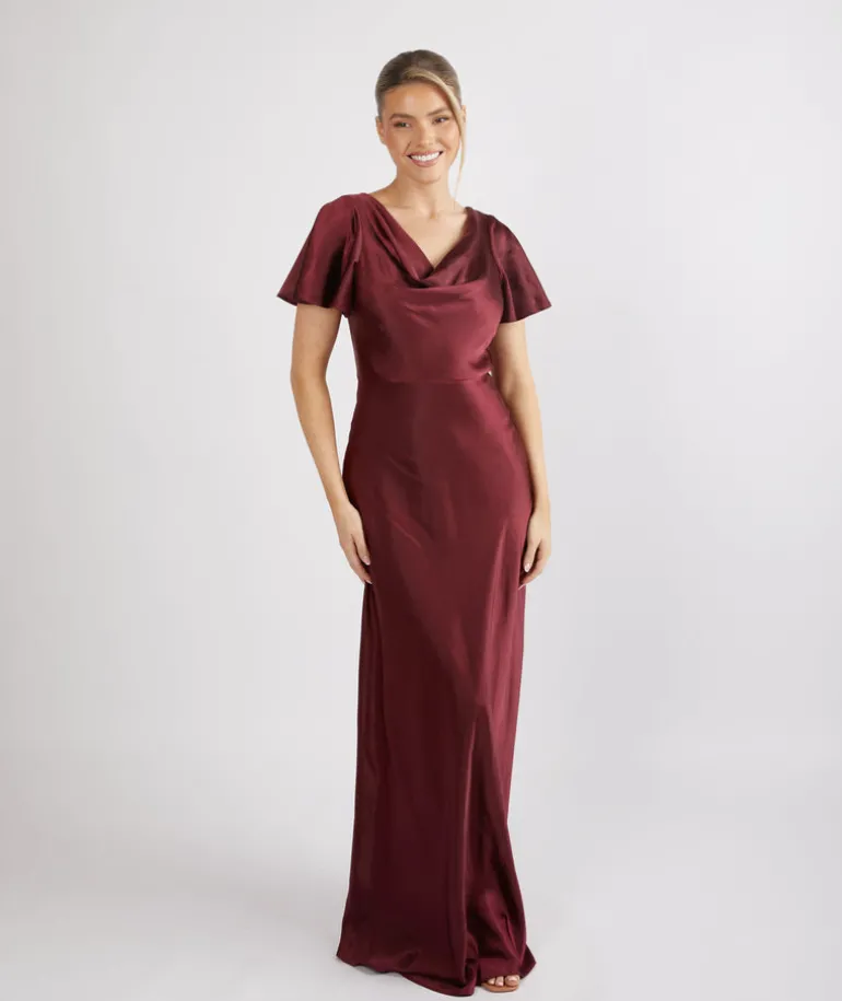 Cowl Front Satin Short Sleeve Bridesmaid Dress - Deep Wine