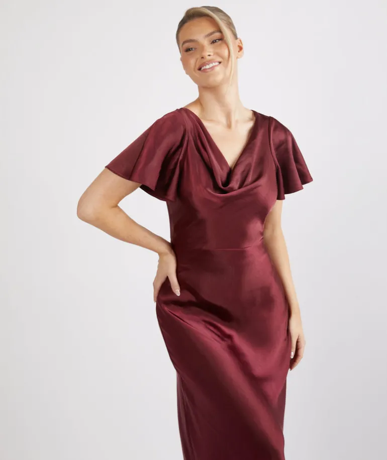 Cowl Front Satin Short Sleeve Bridesmaid Dress - Deep Wine