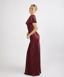 Cowl Front Satin Short Sleeve Bridesmaid Dress - Deep Wine