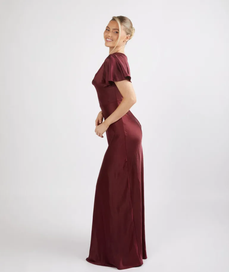 Cowl Front Satin Short Sleeve Bridesmaid Dress - Deep Wine