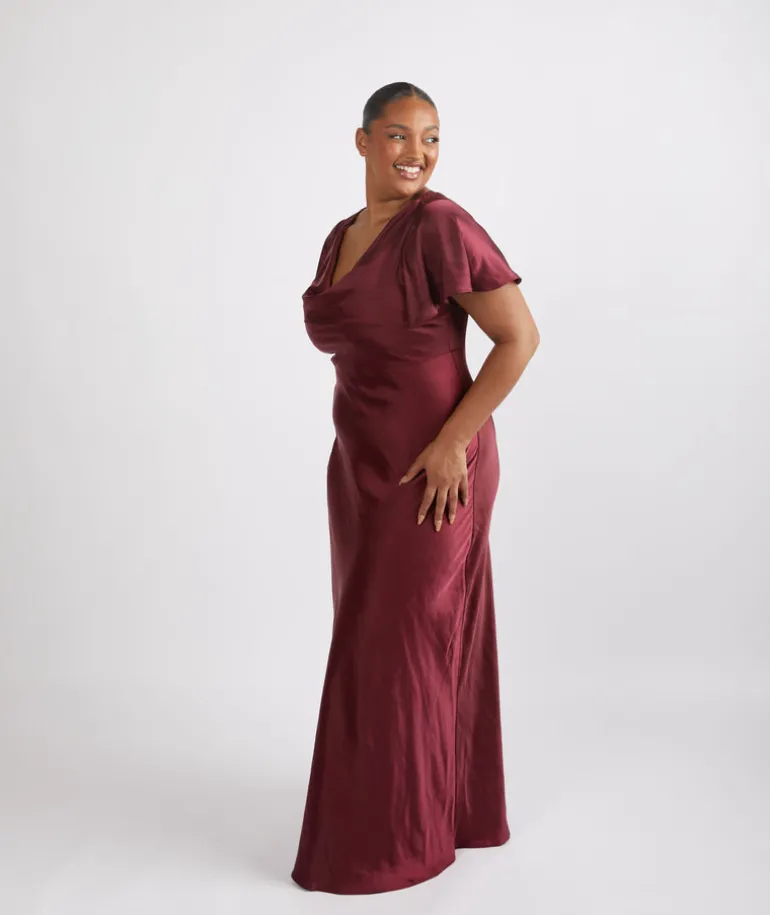 Cowl Front Satin Short Sleeve Bridesmaid Dress - Deep Wine
