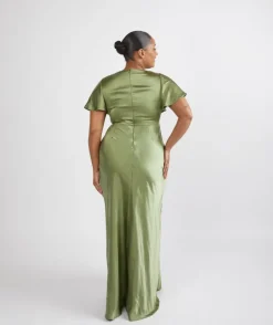 Cowl Front Satin Short Sleeve Bridesmaid Dress - Moss Green