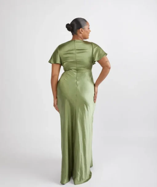 Cowl Front Satin Short Sleeve Bridesmaid Dress - Moss Green