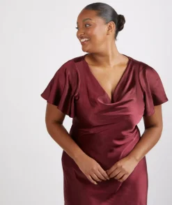 Cowl Front Satin Short Sleeve Bridesmaid Dress - Deep Wine