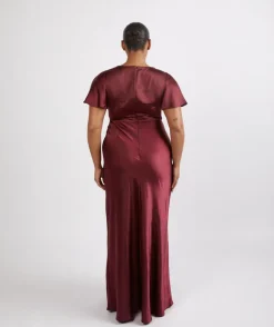 Cowl Front Satin Short Sleeve Bridesmaid Dress - Deep Wine