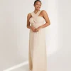 Cross Neck Pleated Waist Chiffon Bridesmaid Dress - Butter Cream