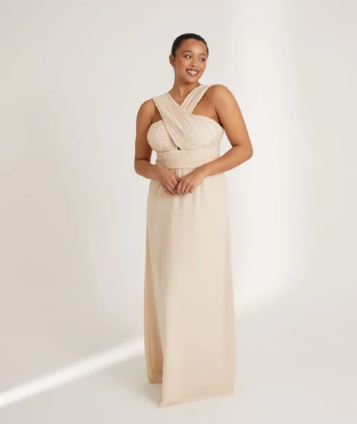 Cross Neck Pleated Waist Chiffon Bridesmaid Dress - Butter Cream