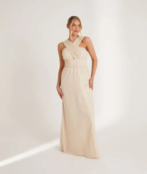 Cross Neck Pleated Waist Chiffon Bridesmaid Dress - Butter Cream