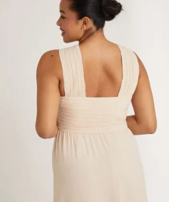 Cross Neck Pleated Waist Chiffon Bridesmaid Dress - Butter Cream
