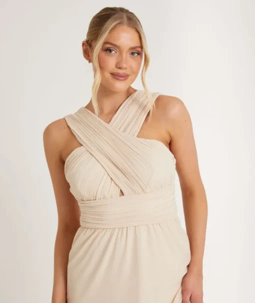Cross Neck Pleated Waist Chiffon Bridesmaid Dress - Butter Cream