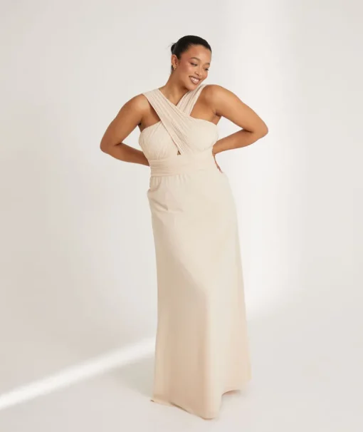 Cross Neck Pleated Waist Chiffon Bridesmaid Dress - Butter Cream