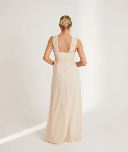 Cross Neck Pleated Waist Chiffon Bridesmaid Dress - Butter Cream