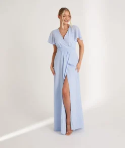 Flutter Sleeve Wrap Tie Chiffon Bridesmaid Dress - Cornflower Blue
