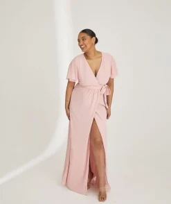 Flutter Sleeve Wrap Tie Chiffon Bridesmaid Dress - Peony Pink