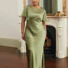 Gathered Bust Flutter Sleeve Satin Bridesmaid Dress - Moss Green